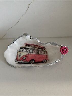 Pink VW Bus Decorative Oyster Shell Dish - Home Art Accent